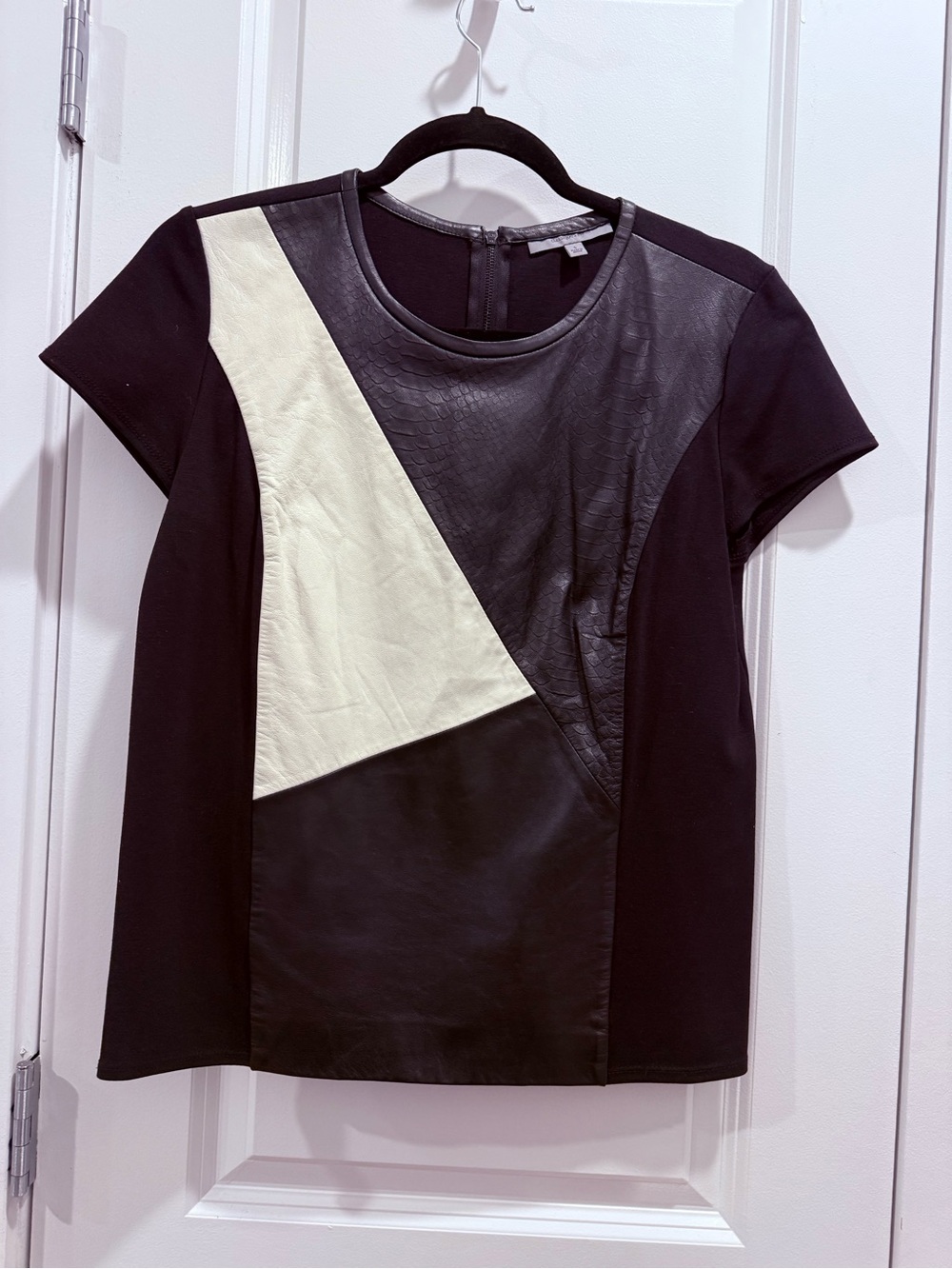 Classiques Entier Colorblock Faux-Leather Short Sleeve Top in Black and Cream